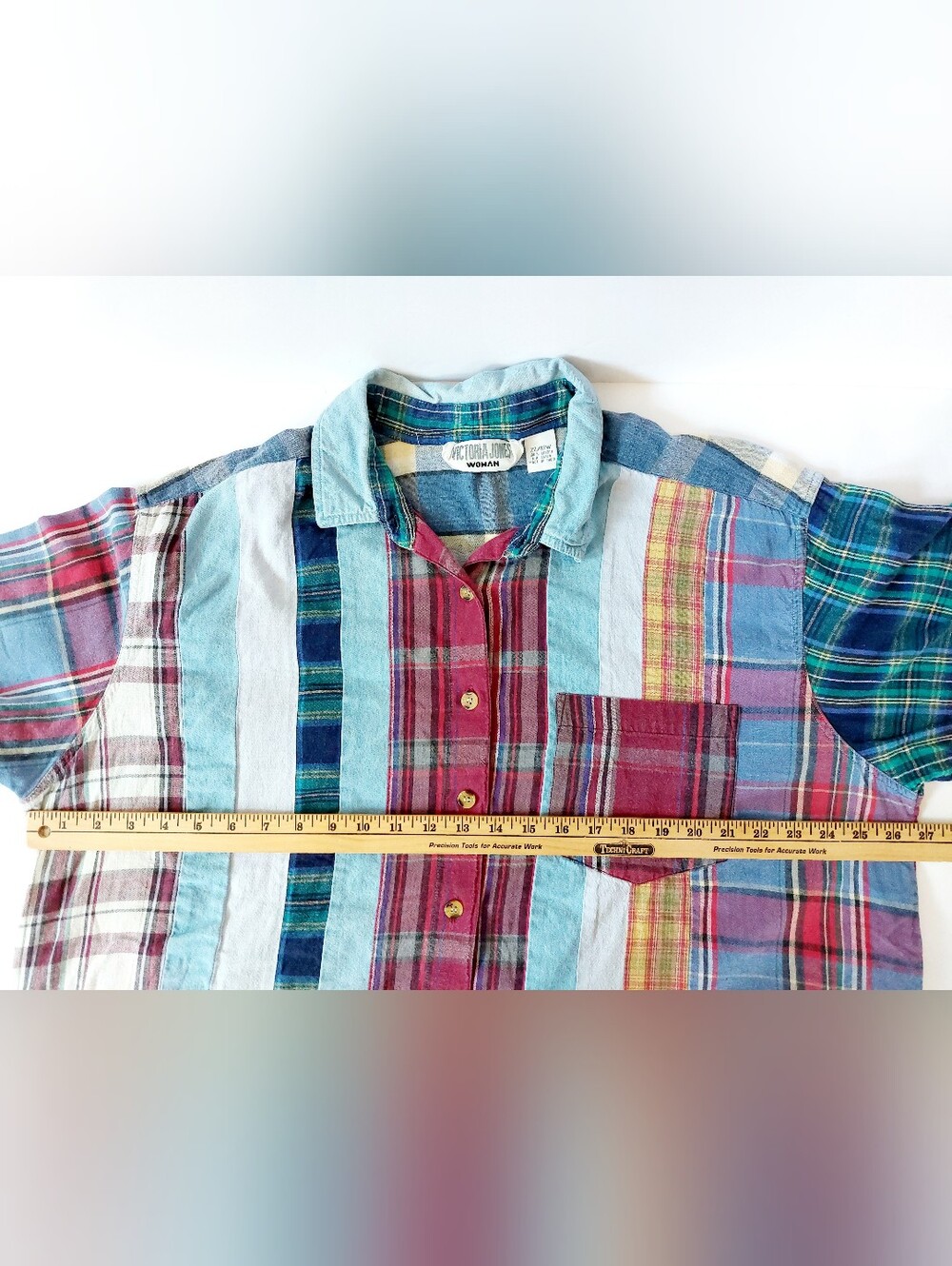 Patchwork Stripe Chambray & Plaid Shirt 22/24W Victoria Jones Grunge Cottagecore - Picture 4 of 5